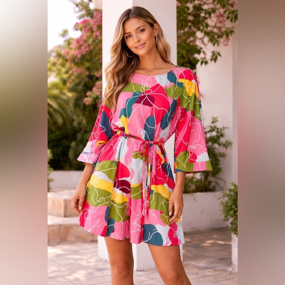 Crosby by Mollie Burch NWT Multicolor Abstract Floral Tie Waist Dress L